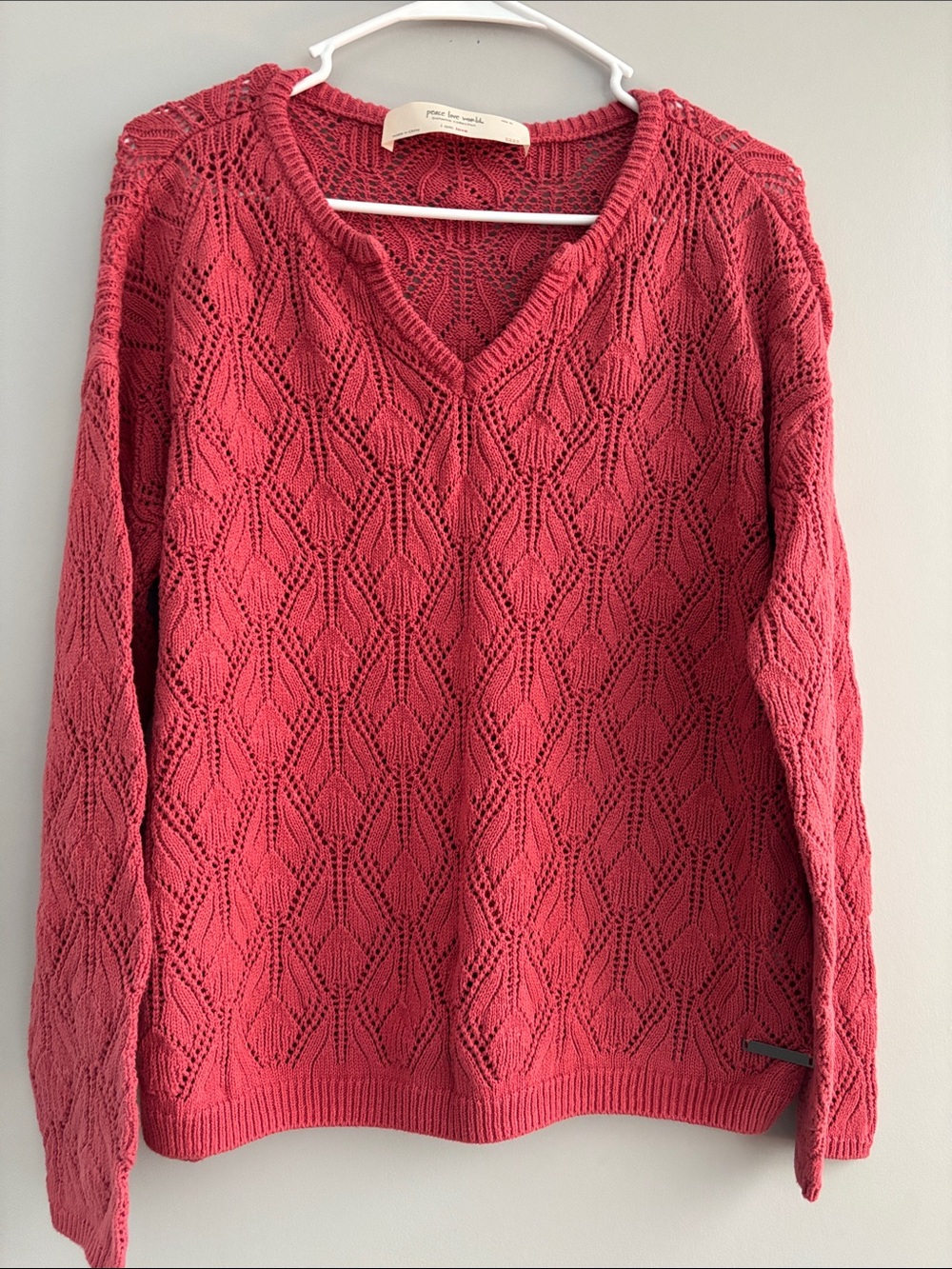 Peace Love World Rose Coral Openwork V-Neck Sweater